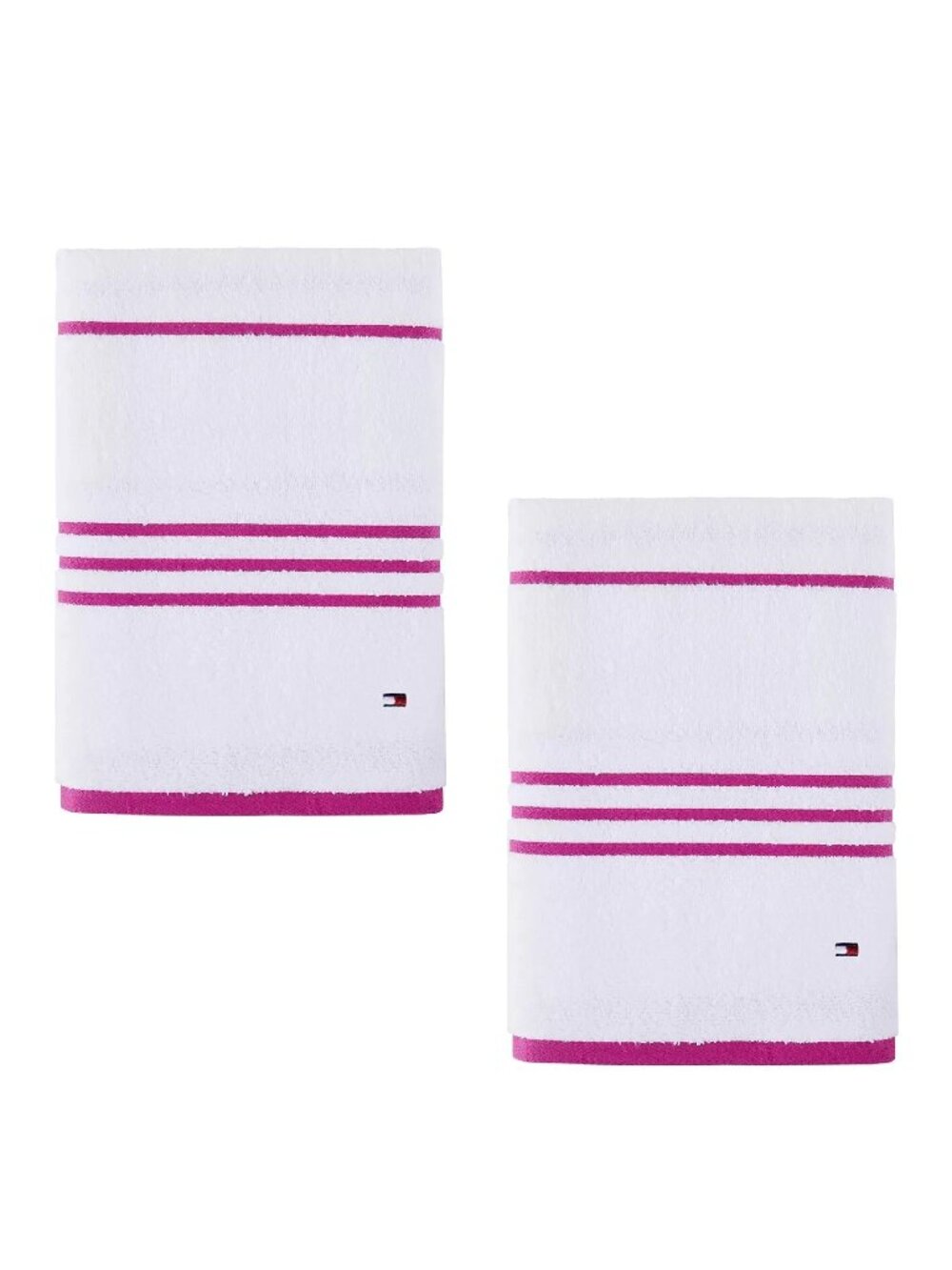 2 Tommy Hilfiger American 90% Cotton BATH Towels WHITE w/ RASPBERRY ROSE STRIPE